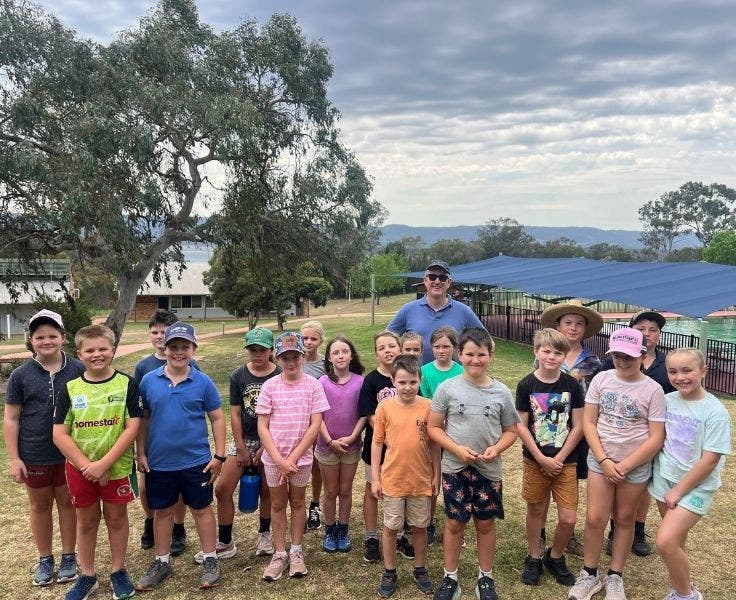 Students and teacher in casual clothes on school camp